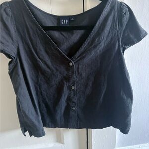 GAP Black Short-Sleeve Button Front V-Neck Top